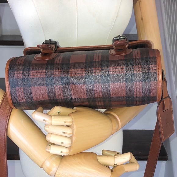 RALPH LAUREN Brown Green Tartan Plaid Rolled Crossbody Messenger Saddle Bag - Picture 7 of 17